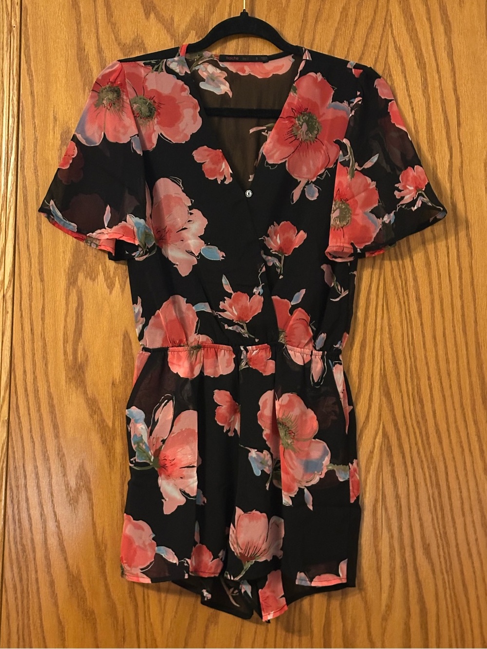 Fraiche by J Floral Black & Coral Wrap Romper - NWOT - Size S
